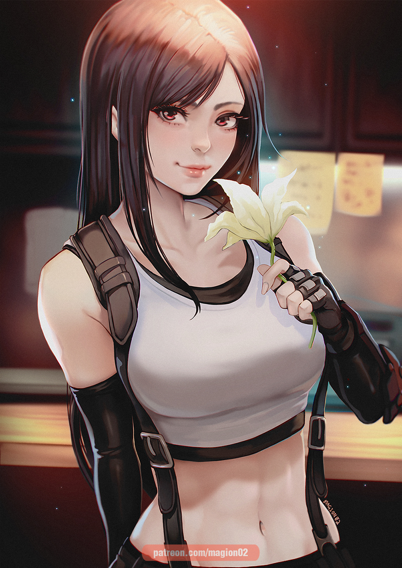 1girl, abs, black_gloves, black_hair, breasts, closed_mouth, elbow_gloves, final_fantasy