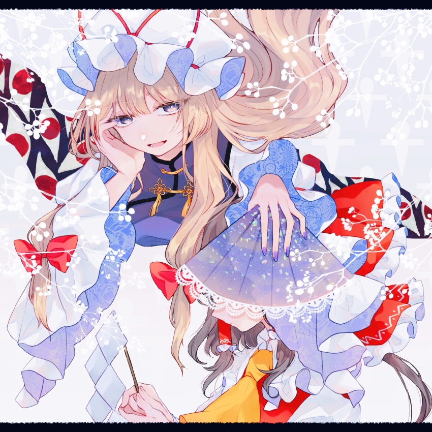 2girls, blonde_hair, bow, brown_hair, covering_face, fan, folding_fan, gap_(touhou), gohei, hair_bow, hair_tubes, hakurei_reimu, hand_on_own_chest, hat, highres, katai_(nekoneko0720), lace-trimmed_fan, letterboxed, long_hair, looking_at_viewer, mob_cap, multiple_girls, nail_polish, necktie, open_mouth, purple_nails, purple_theme, red_bow, touhou, unmoving_pattern, upper_body, violet_eyes, yakumo_yukari, yellow_neckwear