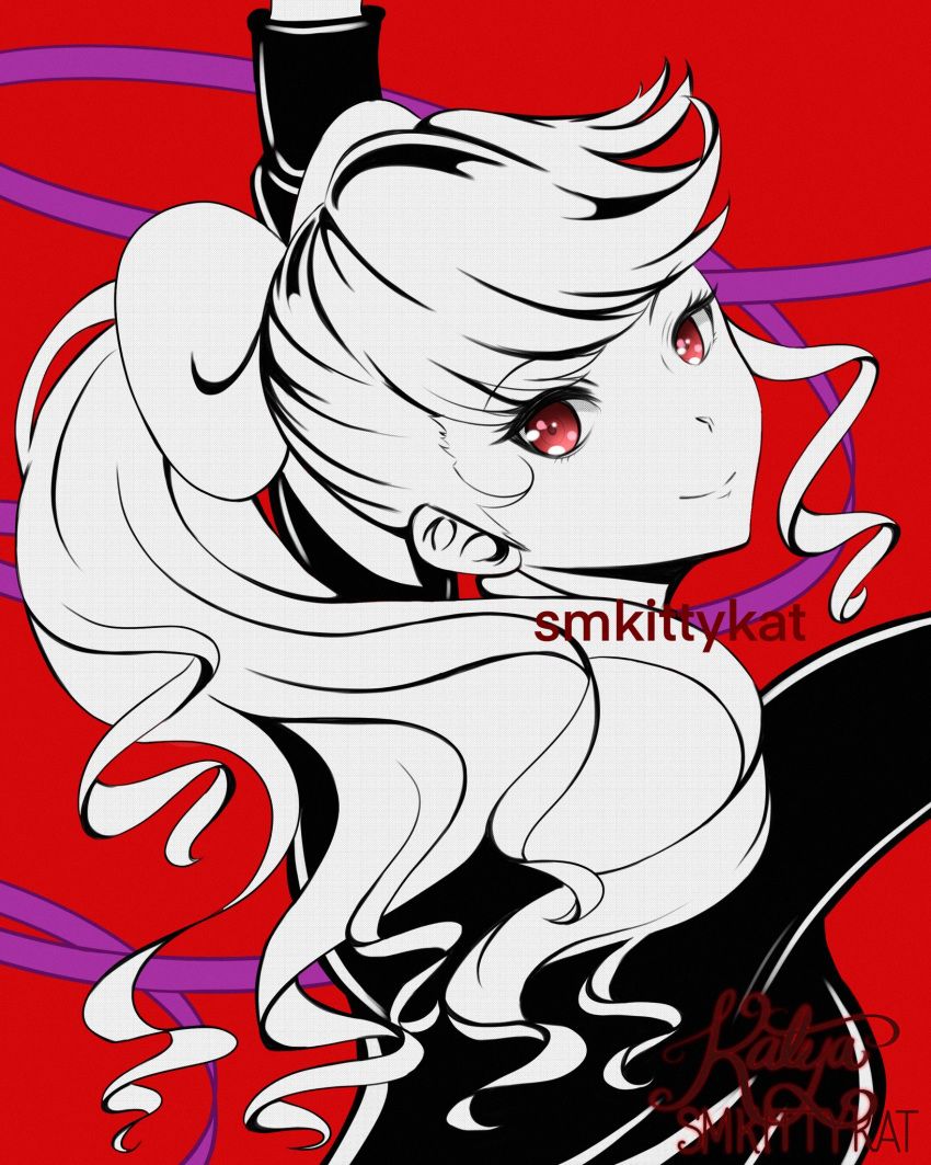 1girl, arm_up, bandages, black_jacket, gymnastics_ribbon, highres, jacket, long_hair, monochrome, persona, persona_5, persona_5_the_royal, ponytail, red_background, red_eyes, ribbon, smkittykat, yoshizawa_kasumi