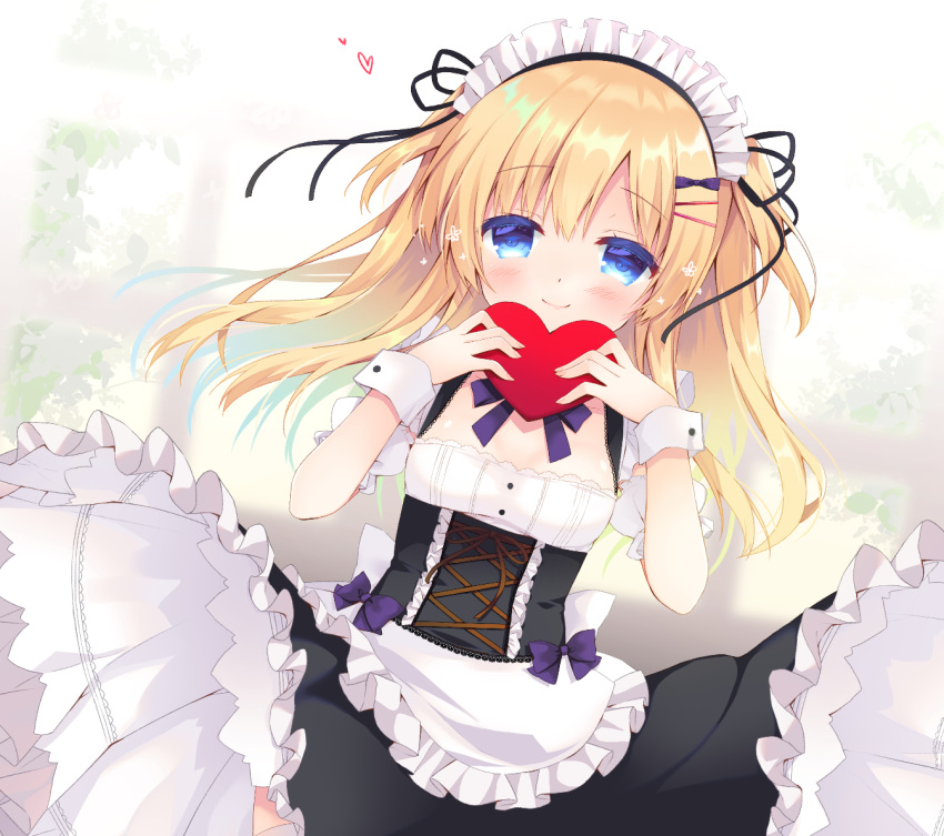 1girl, apron, black_skirt, blonde_hair, blue_eyes, blush, bow, breasts