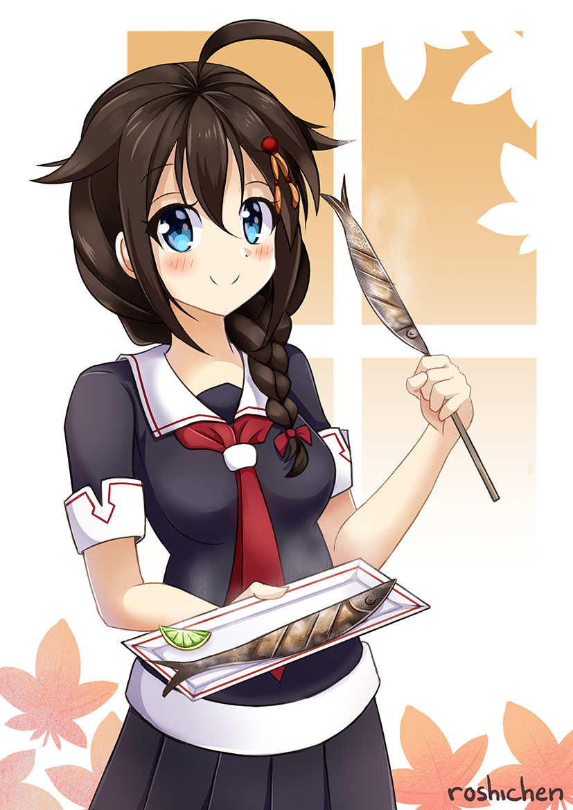1girl, ahoge, black_hair, black_serafuku, black_skirt, blue_eyes, braid, commentary_request