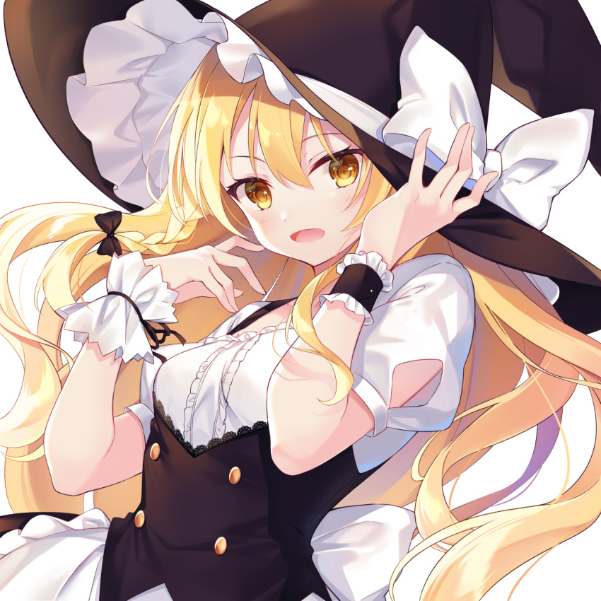1girl, :d, adjusting_clothes, adjusting_headwear, apron, asymmetrical_clothes, bangs, black_bow, black_headwear, black_ribbon, black_skirt, black_vest, blonde_hair, blush, bow, braid, buttons, center_frills, clothing_cutout, floating_hair, frilled_apron, frilled_cuffs, frilled_hat, frills, hair_between_eyes, hair_bow, hand_on_headwear, hands_up, hat, hat_bow, highres, kirisame_marisa, kisaragi_yuri, lace_trim, long_hair, looking_at_viewer, open_mouth, puffy_short_sleeves, puffy_sleeves, ribbon, sash, scoop_neck, shirt, short_sleeves, shoulder_cutout, side_braid, sidelocks, single_braid, skirt, smile, solo, touhou, very_long_hair, vest, waist_apron, white_apron, white_bow, white_sash, white_shirt, witch_hat, wrist_cuffs, wrist_ribbon, yellow_eyes