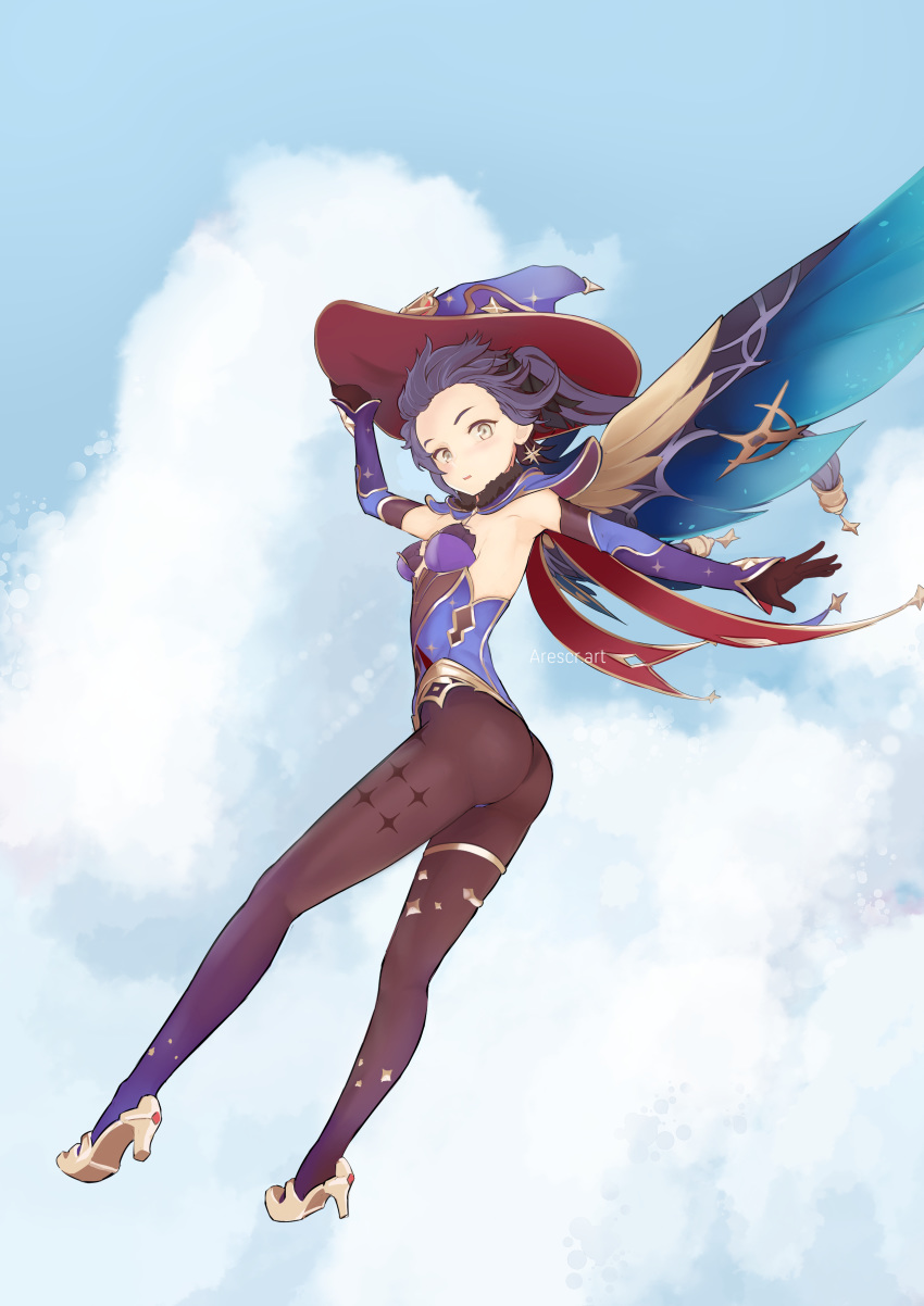 1girl, absurdres, aqua_eyes, arescr, armpits, artist_name, ass, bare_shoulders, black_legwear, bow, breasts, clouds, cloudy_sky, day, detached_sleeves, earrings, flying, full_body, fur_trim, genshin_impact, gloves, hair_bow, hair_ornament, hand_on_headwear, hat, high_heels, highleg, highleg_leotard, highres, jewelry, legs, leotard, looking_at_viewer, mona_(genshin_impact), open_mouth, pantyhose, purple_hair, sideboob, sky, small_breasts, solo, star_(symbol), star_hair_ornament, twintails, wings, witch_hat