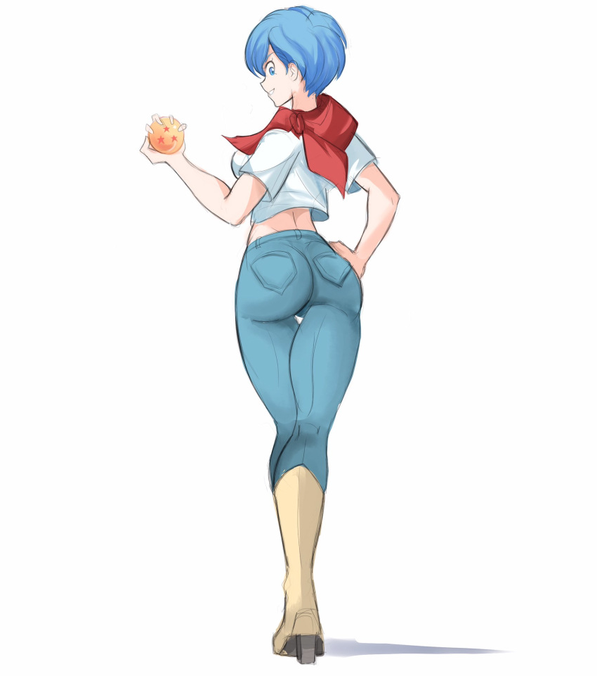 1girl, ass, blue_eyes, blue_hair, boots, bulma, denim, dragon_ball