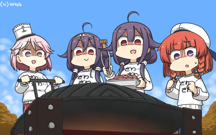 4girls, ahoge, alternate_costume, blonde_hair, blue_sky, bob_cut, braid, clothes_writing