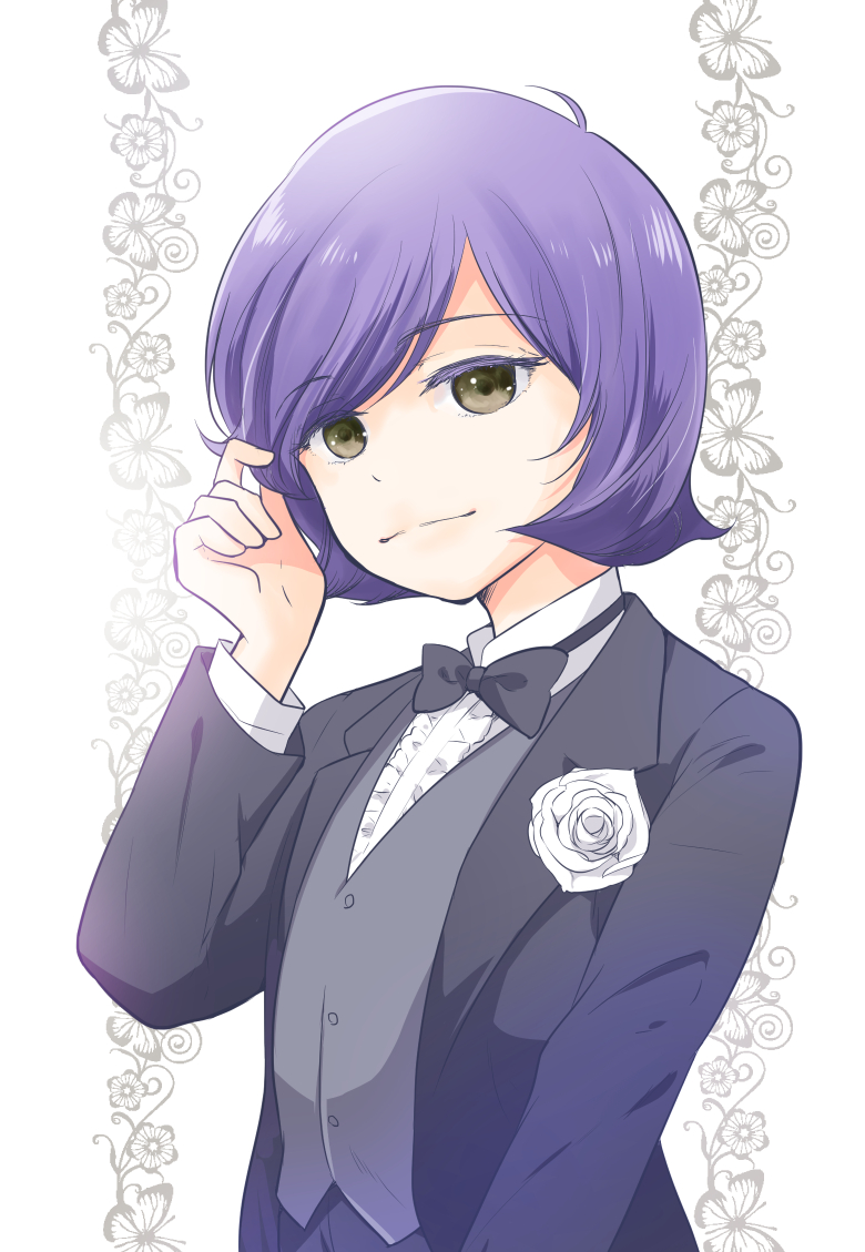 1boy, adjusting_hair, bow, bowtie, brown_eyes, child, flower, formal