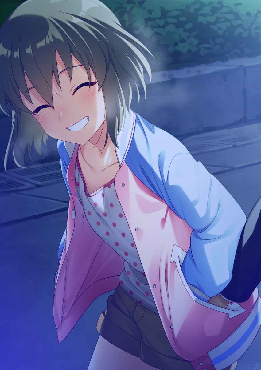 1girl, absurdres, breath, closed_eyes, commentary_request, facing_viewer, green_hair, hand_in_another's_pocket
