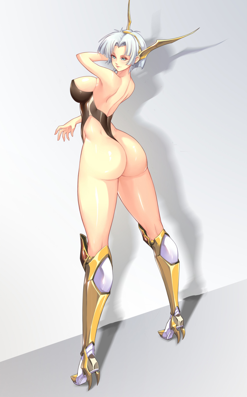1girl, absurdres, armored_boots, ass, bangs, blue_eyes, blush, boots