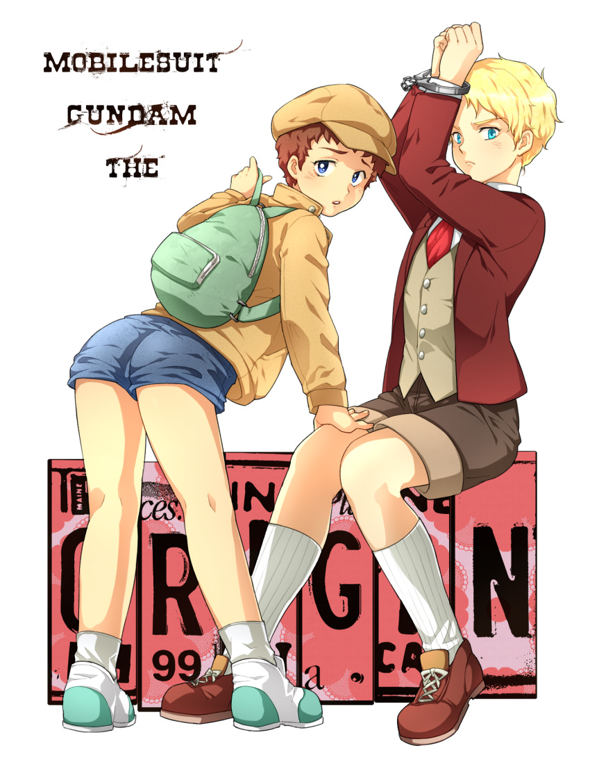 2boys, amuro_ray, backpack, bag, blonde_hair, blue_eyes, brown_hair, casval_rem_deikun