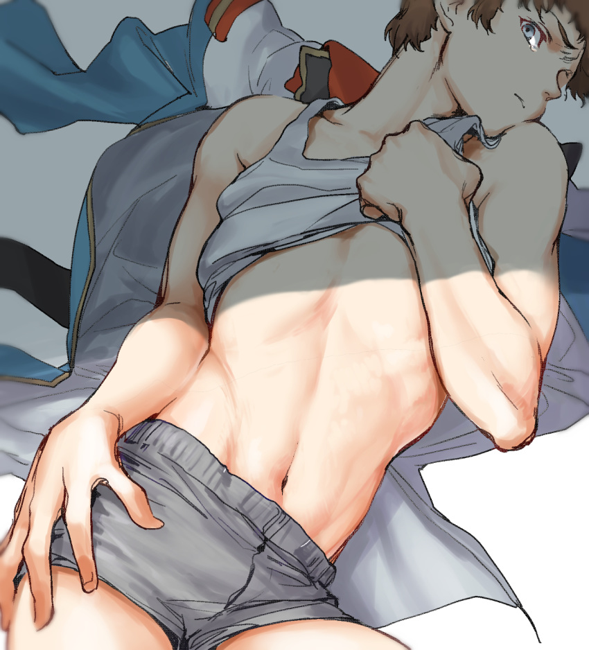 1boy, amuro_ray, blue_eyes, boxer_briefs, brown_hair, clothes_lift, groin, gundam