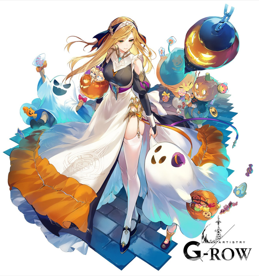2boys, 2girls, bare_shoulders, blonde_hair, breasts, brick_road, candy, chibi, child, costume, dare_ga_tame_no_alchemist, emmel_(dare_ga_tame_no_alchemist), food, garter_straps, green_eyes, habit, halloween, halloween_basket, halloween_costume, hat, highleg, highleg_dress, highres, holding_hands, julia_(dare_ga_tame_no_alchemist), lantern, looking_to_the_side, medium_breasts, monster, multiple_boys, multiple_girls, nimul_(dare_ga_tame_no_alchemist), nun, official_art, pumpkin_hat, pumpkin_print, ratty_(dare_ga_tame_no_alchemist), shoes, skindentation, smile, thigh-highs, witch_hat