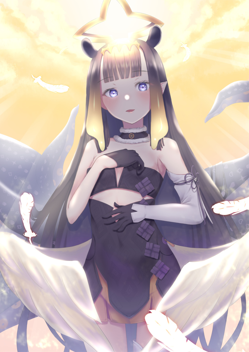 1girl, animal_ears, armpit_peek, asymmetrical_sleeves, aura, bangs, bare_shoulders, black_choker