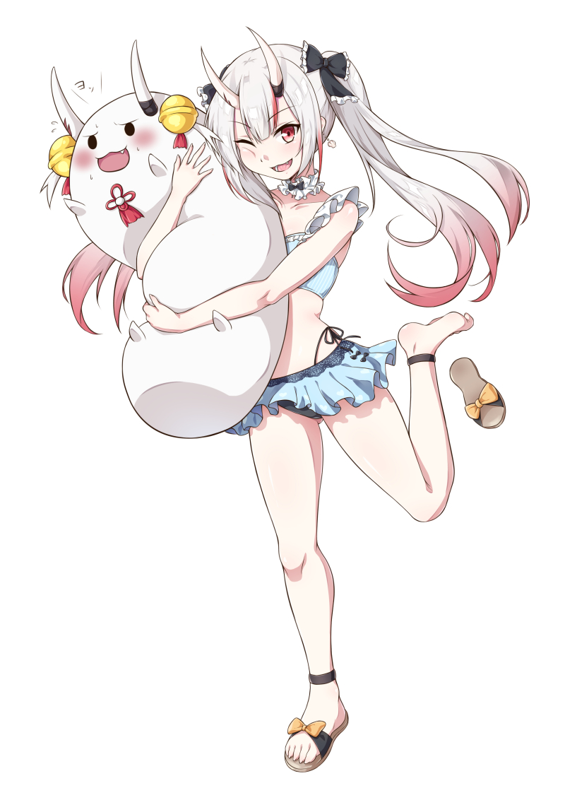 1girl, anklet, bikini, bikini_skirt, black_bow, black_headwear, blue_bikini, blue_swimsuit