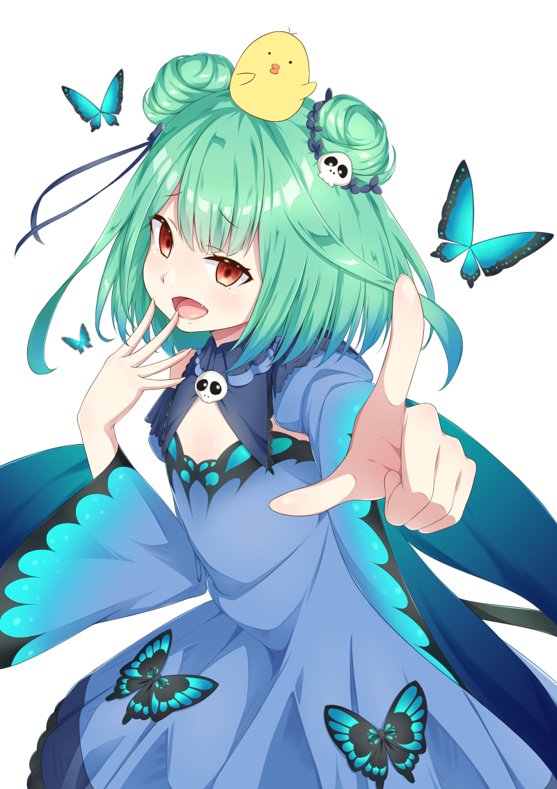 1girl, animal_print, blue_dress, blue_ribbon, blue_sleeves, blush, bug, butterfly