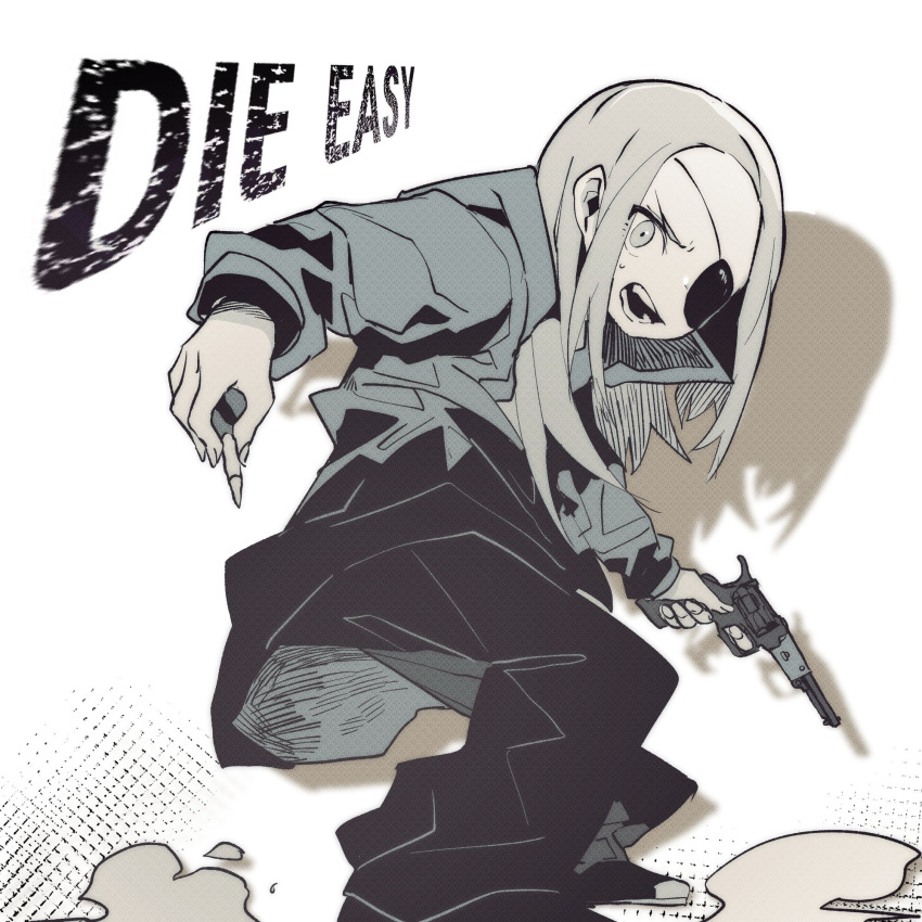 1girl, coat, copyright_request, ddari, english_text, eyepatch, finger_on_trigger, from_side