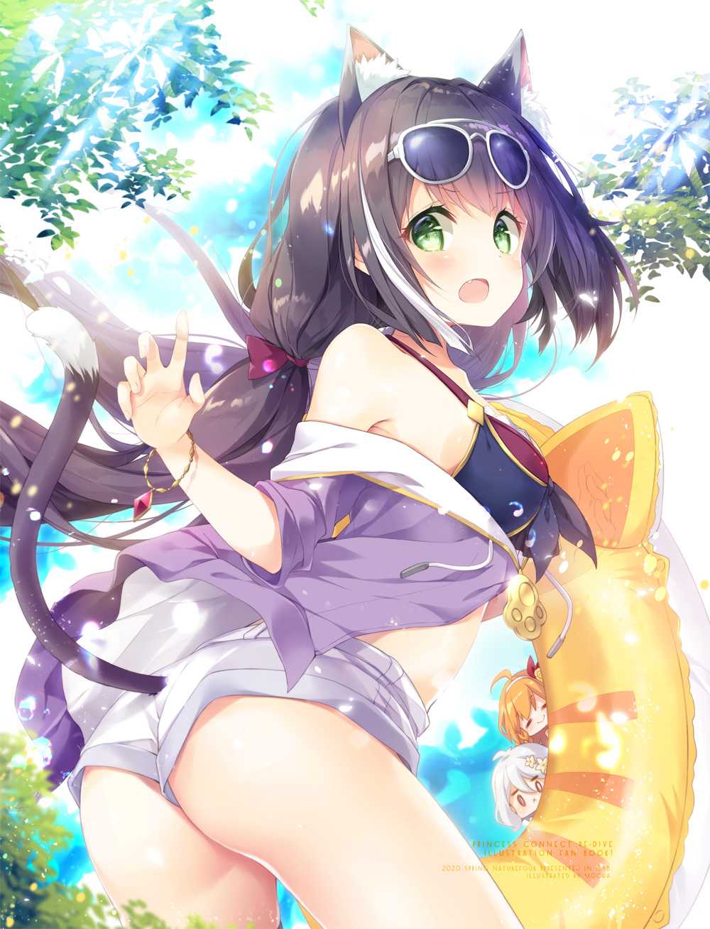 3girls, animal_ear_fluff, animal_ears, ass, backlighting, bangs, bikini, bikini_under_clothes