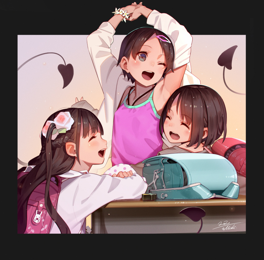 3girls, ;d, ^_^, armpits, arms_up, backpack, bag, blush