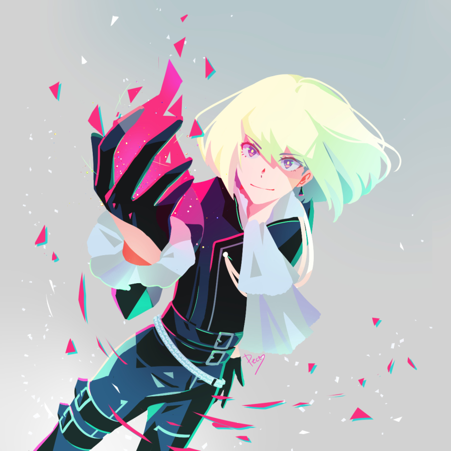 belt, biker_clothes, bishounen, black_gloves, black_jacket, bright_pupils, cravat, earrings, eyebrows_visible_through_hair, eyes_visible_through_hair, fire, gloves, green_hair, half_gloves, jacket, jewelry, lio_fotia, multiple_belts, peko_(pepan), pink_fire, promare, pyrokinesis, short_hair, signature, smile, triangle_earrings, violet_eyes, yellow_pupils