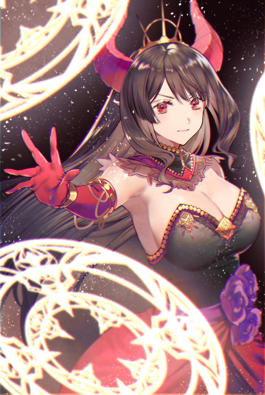 absurdres, breasts, brown_hair, crown, demon_girl, demon_horns, dress, gloves, grand_summoners, hand_up, highres, horns, juno(grand_summoners), knights_of_blood, large_breasts, magic_circle, magical_girl, red_eyes