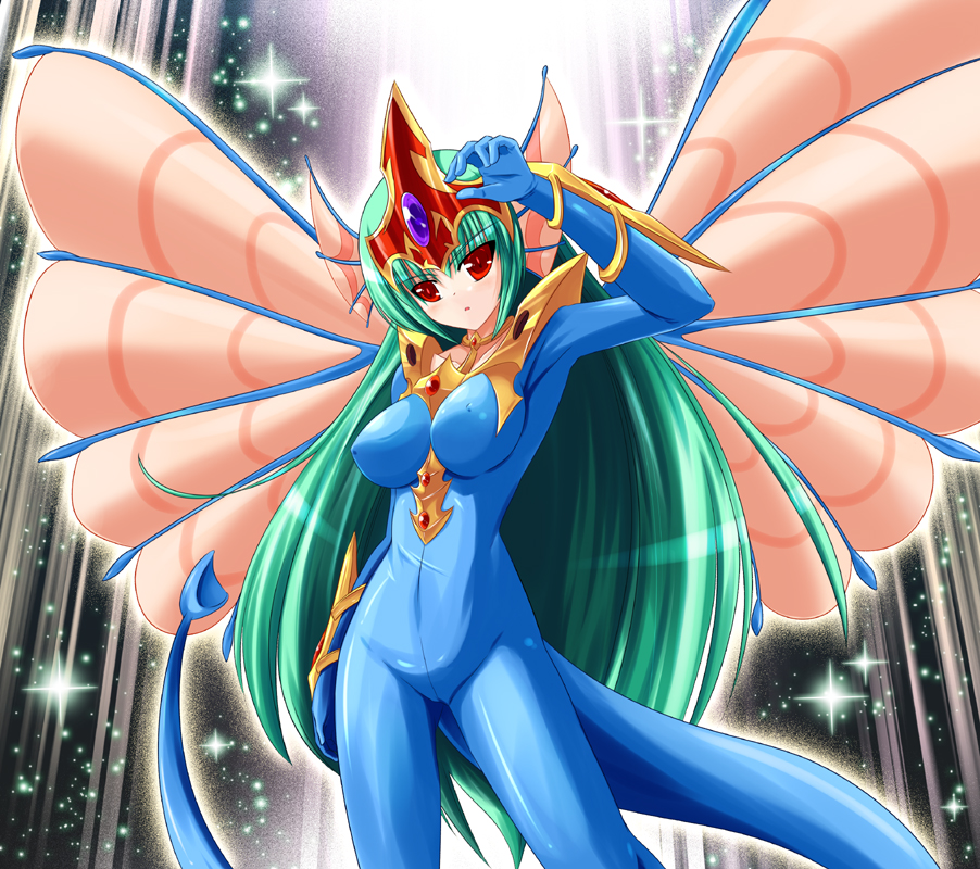 1girl, ancient_fairy_dragon, arm_up, blue_bodysuit, bodysuit, breasts, bunji, collarbone