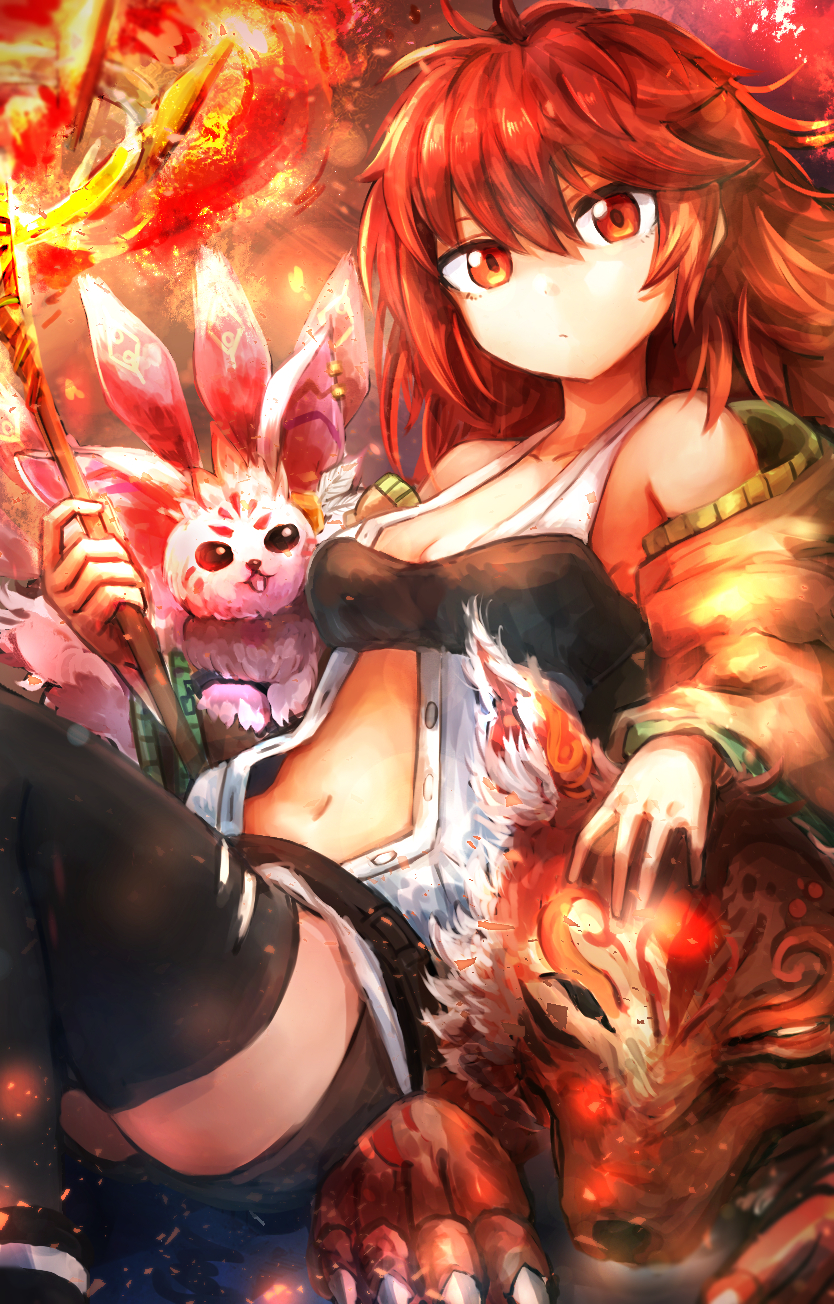 1girl, bare_shoulders, belt, breasts, claws, creature, duel_monster, fire, fox, hand_on_another's_head, hatano_kiyoshi, highres, hiita, holding, holding_staff, inari_fire, medium_hair, midriff, navel, open_clothes, open_robe, orange_eyes, petting, redhead, robe, shirt, shorts, sitting, sleeveless, sleeveless_shirt, staff, thigh-highs, torn_clothes, torn_legwear, unbuttoned, unbuttoned_shirt, yu-gi-oh!