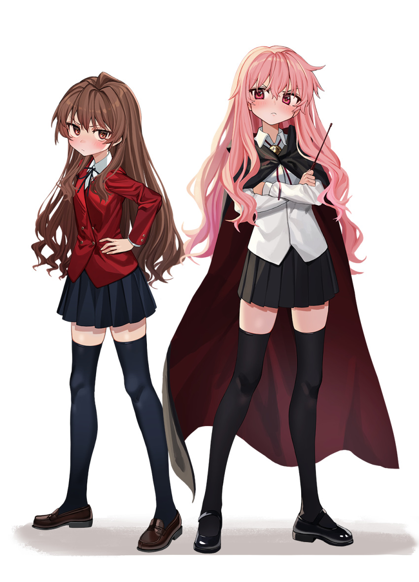 2girls, aisaka_taiga, bangs, black_cape, black_footwear, black_legwear, black_ribbon, black_skirt