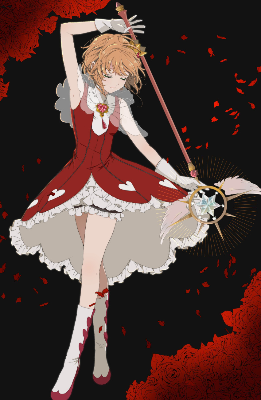 1girl, absurdres, alternate_costume, armpits, black_background, bloomers, boots, brooch, brown_hair, cardcaptor_sakura, closed_eyes, crown, dress, expressionless, flower, gloves, heart, highres, jewelry, kinomoto_sakura, knee_boots, magic, magical_girl, messy_hair, petals, red_dress, rii2a77ru, rose, short_hair, sleeveless, sleeveless_dress, solo, underwear, wand