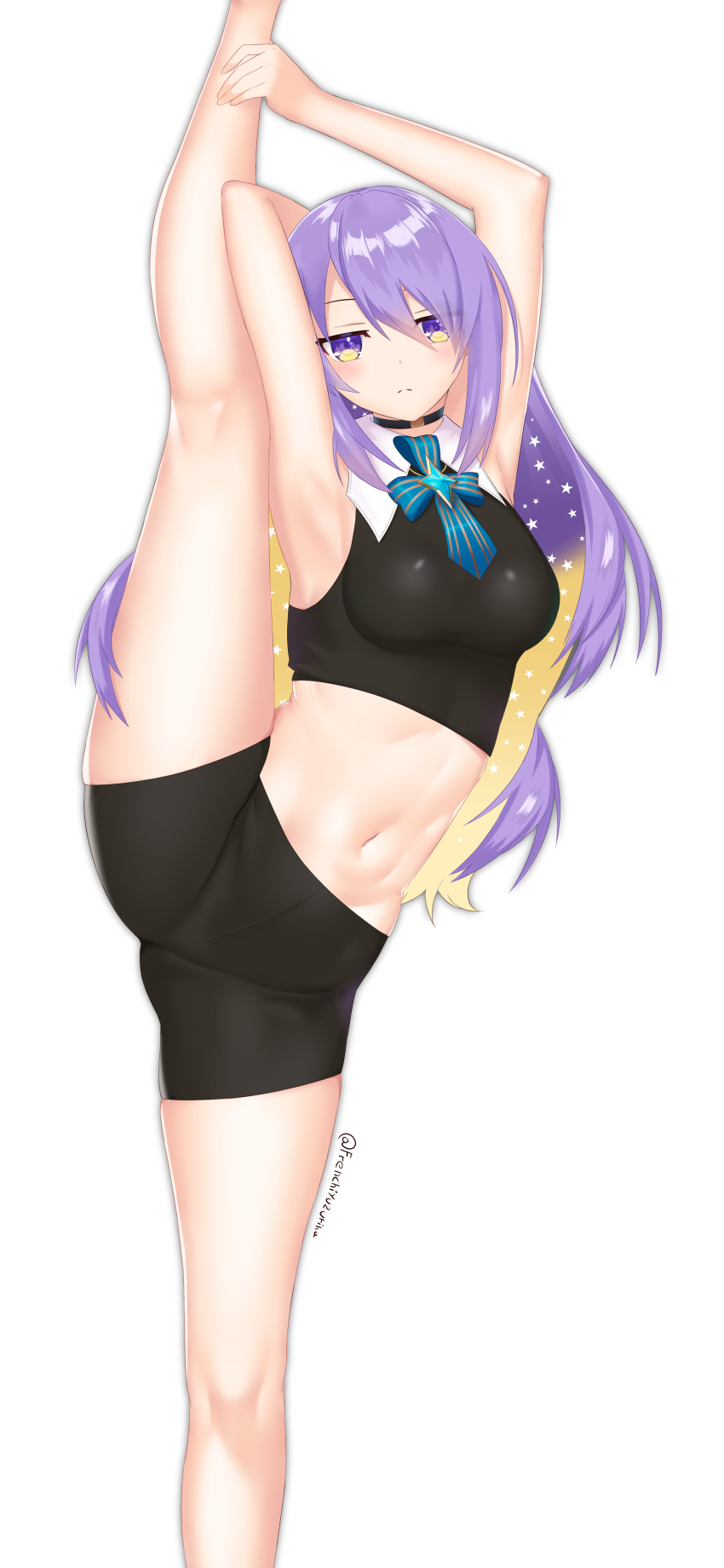 1girl, absurdres, armpits, arms_behind_back, bike_shorts, black_clothes, black_shorts, breasts, commentary, frenchi_yuzuriha, gradient_hair, hair_between_eyes, highres, hololive, hololive_indonesia, leg_lift, leg_up, long_hair, md5_mismatch, moona_hoshinova, multicolored_hair, purple_hair, resolution_mismatch, self_upload, shorts, solo, source_smaller, split, standing, standing_on_one_leg, standing_split, star_(symbol), stomach, virtual_youtuber