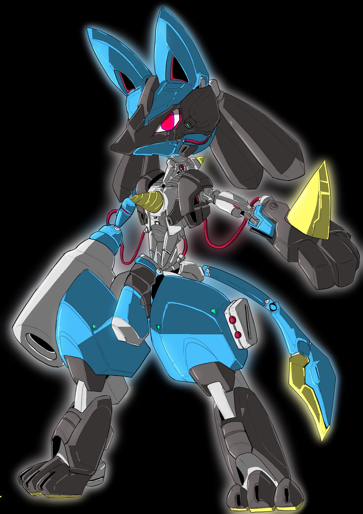 arm_cannon, black_background, gen_4_pokemon, highres, kuroiwa_cookie, looking_ahead, lucario, mecha