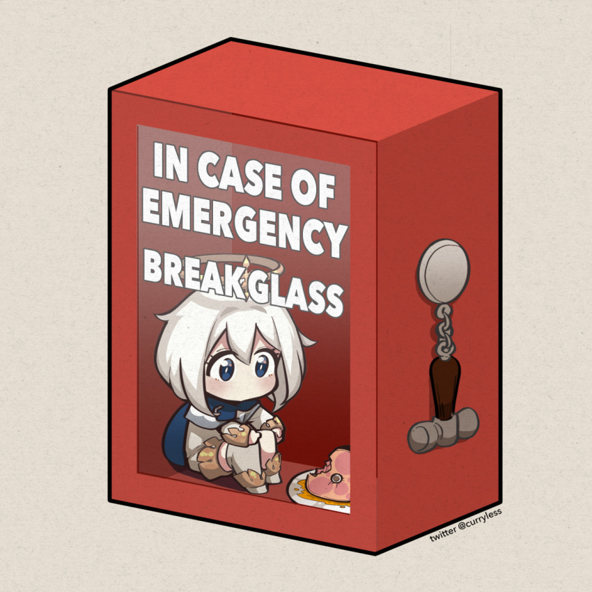 1girl, blue_cape, blue_eyes, cape, carillus, english_text, food, genshin_impact