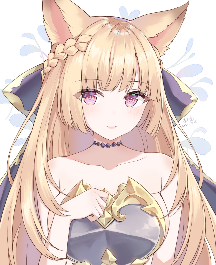 1girl, animal_ears, artist_name, bangs, bare_shoulders, blonde_hair, blunt_bangs, blush