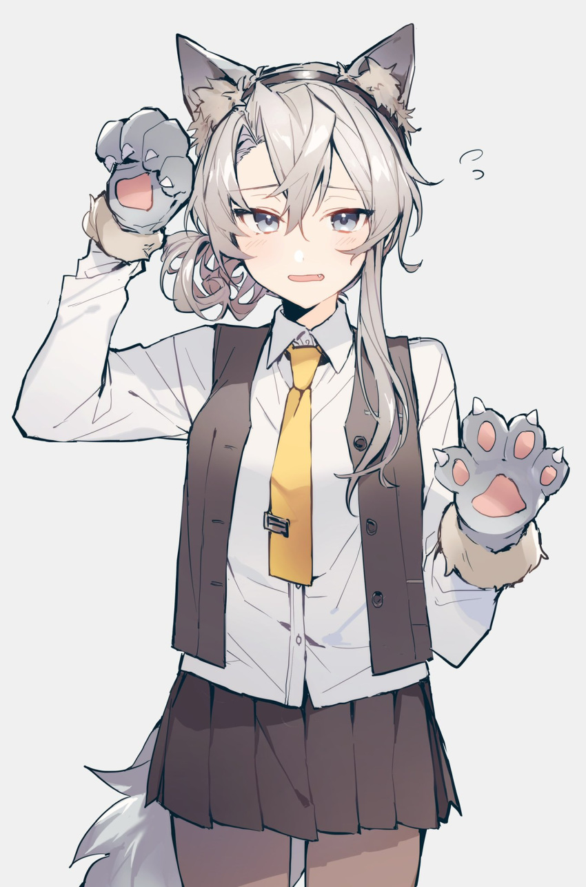 1girl, animal_ear_fluff, animal_ears, asymmetrical_hair, black_legwear, black_skirt, black_vest, blue_eyes