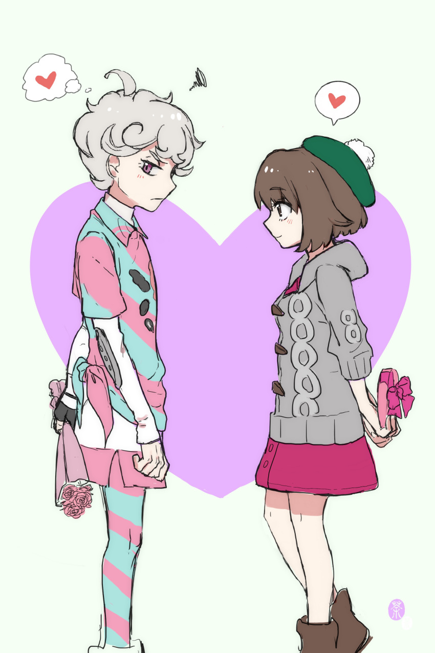 1boy, 1girl, absurdres, bede_(pokemon), boots, brown_footwear, brown_hair, cardigan