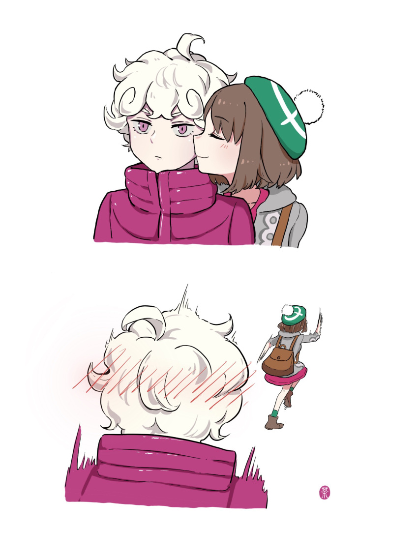 1boy, 1girl, ahoge, backpack, bag, bangs, bede_(pokemon), before_and_after