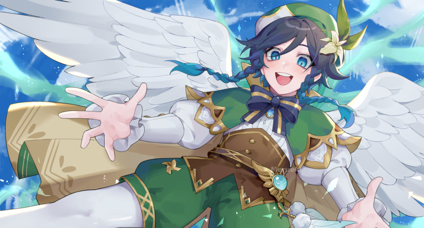 angel_wings, artist_name, bangs, bard, black_hair, blue_eyes, blue_hair, blush