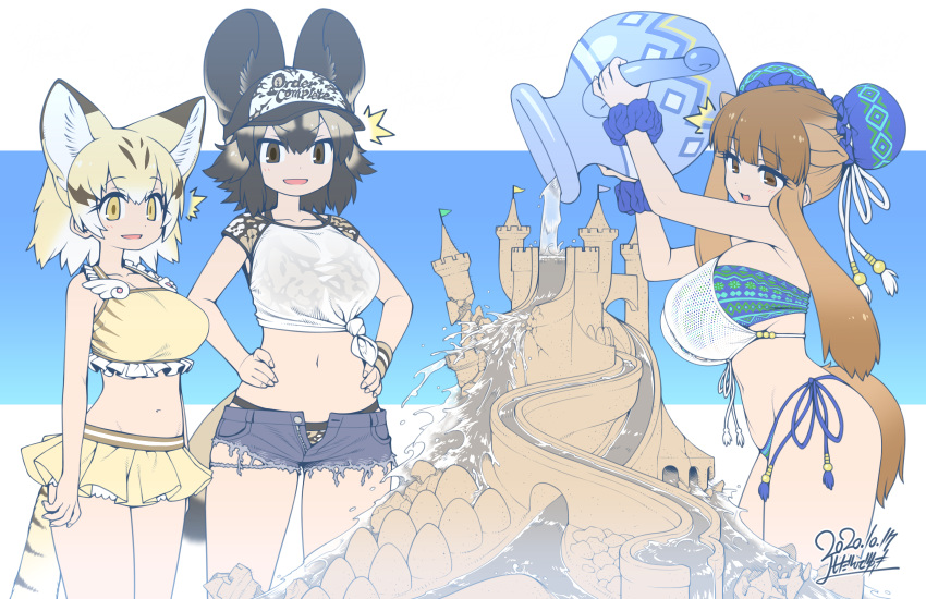 /\/\/\, 3girls, african_wild_dog_(kemono_friends), african_wild_dog_print, alternate_breast_size, alternate_costume, animal_ears, animal_print, arms_at_sides, arms_up, bactrian_camel_(kemono_friends), bangs, bare_arms, bare_shoulders, baseball_cap, bikini, bikini_skirt, black_hair, blonde_hair, breasts, brown_eyes, brown_hair, bun_cover, camel_ears, camel_tail, cat_ears, cat_girl, cat_tail, clothes_writing, collarbone, contemporary, cutoffs, denim, denim_shorts, destruction, dog_ears, dog_girl, dog_tail, double_bun, drawstring, extra_ears, eyebrows_visible_through_hair, frilled_bikini, frills, grey_hair, halterneck, hands_on_hips, hat, height_difference, highres, holding, huge_breasts, kemono_friends, large_breasts, light_brown_hair, long_hair, looking_at_another, looking_at_object, medium_breasts, medium_hair, micro_shorts, midriff, multicolored_hair, multiple_girls, navel, open_clothes, open_fly, open_mouth, open_shorts, orange_eyes, pocket, pouring, print_bikini, print_swimsuit, sand, sand_castle, sand_cat_(kemono_friends), sand_sculpture, scrunchie, see-through, shirt, short_shorts, shorts, side-tie_bikini, side-tie_bottom, sidelocks, sleeveless, sleeveless_shirt, smile, standing, stomach, surprised, swimsuit, tail, tareme, tied_shirt, unbuttoned, unzipped, v-shaped_eyebrows, very_long_hair, water, white_hair, wrist_scrunchie, yoshida_hideyuki, zipper
