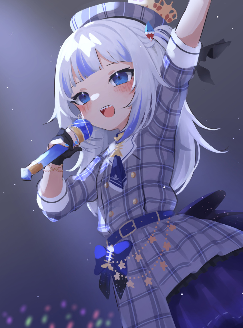 1girl, absurdres, bangs, blue_eyes, blue_hair, cosplay, gawr_gura, gloves, hat, highres, hololive, hololive_english, hoshimachi_suisei, hoshimachi_suisei_(cosplay), klaius, looking_at_viewer, microphone, multicolored_hair, open_mouth, sharp_teeth, smile, solo, streaked_hair, teeth, virtual_youtuber, white_hair