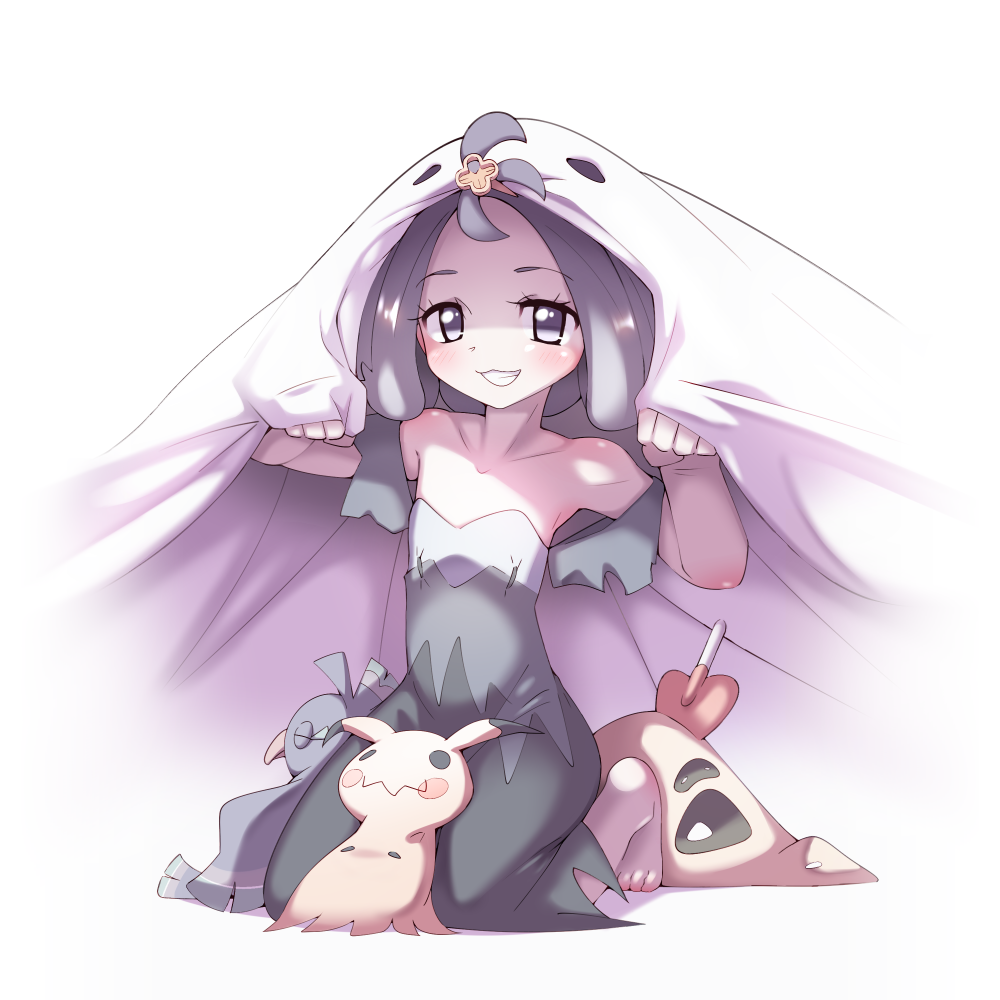 1girl, acerola_(pokemon), barefoot, blush, body_blush, collarbone, commentary, dress