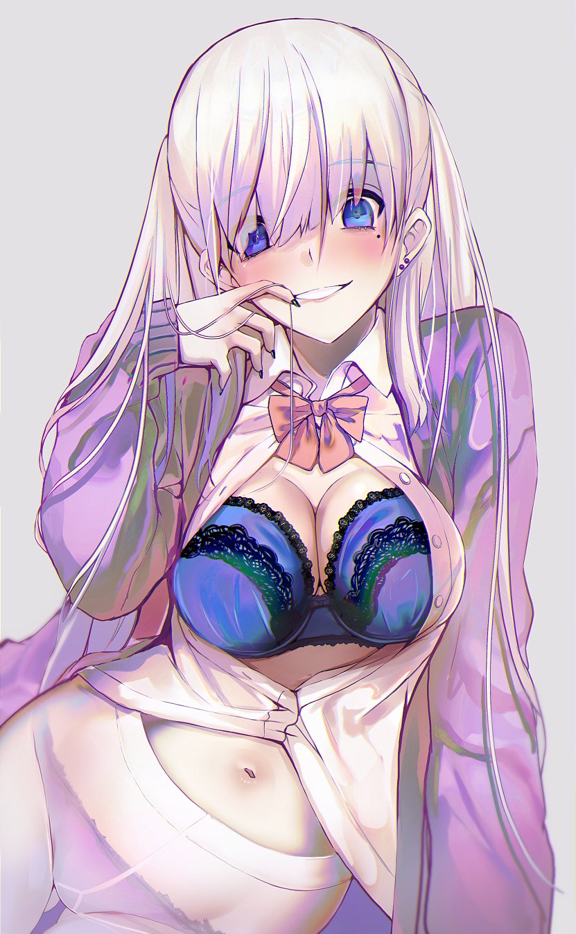 1girl, blue_eyes, blush, bra, breasts, earrings, grin, highres