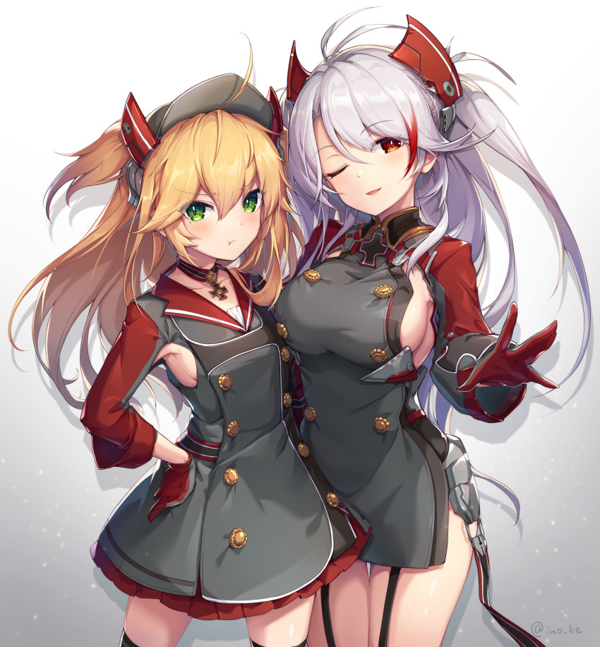 2girls, ;d, absurdres, admiral_hipper_(azur_lane), ahoge, antenna_hair, armpit_cutout, azur_lane