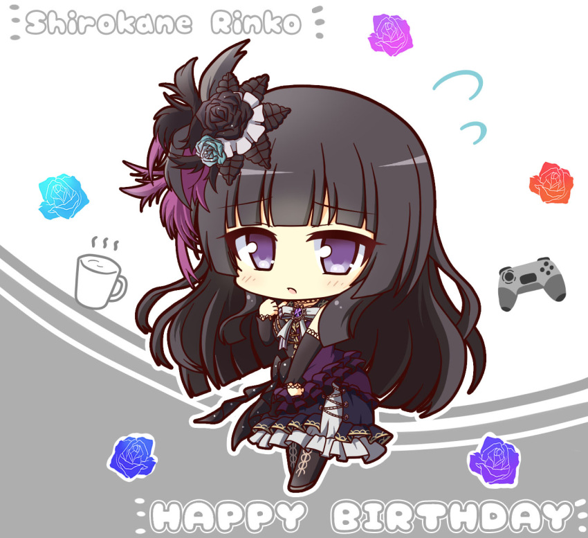 1girl, bang_dream!, bangs, bare_shoulders, black_dress, black_footwear, black_hair, black_sleeves, blunt_bangs, blush, boots, character_name, commentary_request, cup, detached_sleeves, dress, eyebrows_visible_through_hair, feathers, flower, flying_sweatdrops, frilled_dress, frills, full_body, grey_background, grey_ribbon, hair_feathers, hair_flower, hair_ornament, hand_up, happy_birthday, highres, knee_boots, long_hair, looking_at_viewer, parted_lips, playstation_controller, purple_dress, rose, shirokane_rinko, sidelocks, sleeveless, sleeveless_dress, solo, standing, teen_(teen629), two-tone_dress, violet_eyes, white_background
