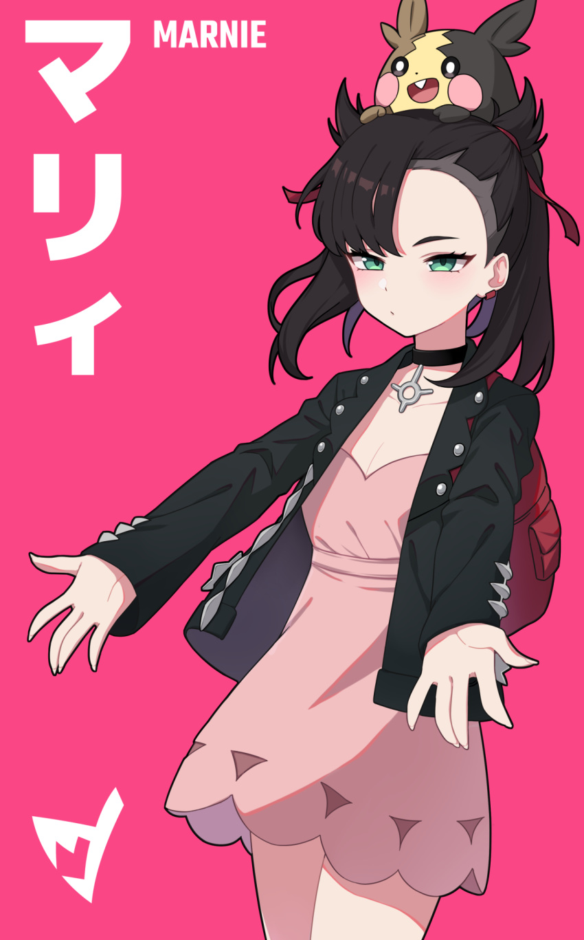 1girl, asymmetrical_bangs, bangs, black_choker, black_hair, black_jacket, blush, character_name