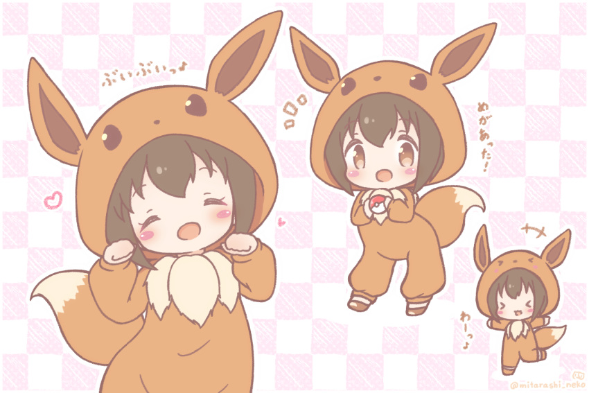 >_<, 1girl, bangs, blush, blush_stickers, brown_eyes, brown_hair, checkered