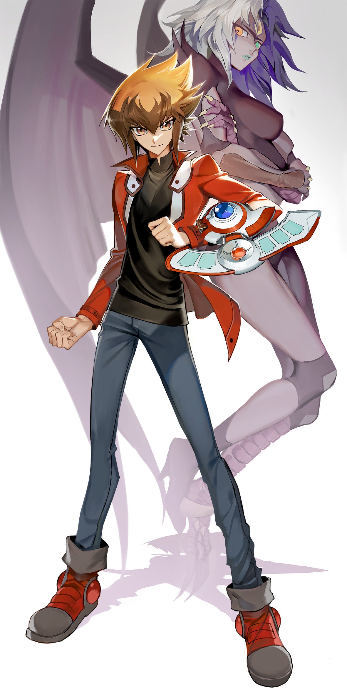 1boy, 1other, aqua_eyes, bangs, black_shirt, breasts, brown_eyes, brown_hair, clenched_hand, cocaduel, collared_jacket, commentary_request, crossed_arms, demon, demon_wings, denim, duel_academy_uniform_(yuu-gi-ou_gx), duel_disk, flying, full_body, hair_between_eyes, heterochromia, highres, jacket, jeans, korean_commentary, long_sleeves, looking_at_viewer, medium_breasts, multicolored_hair, orange_eyes, pants, pants_rolled_up, purple_hair, red_footwear, red_jacket, shirt, shoes, simple_background, standing, third_eye, two-tone_hair, white_background, white_hair, wings, yu-gi-oh!, yu-gi-oh!_gx, yubel, yuuki_juudai