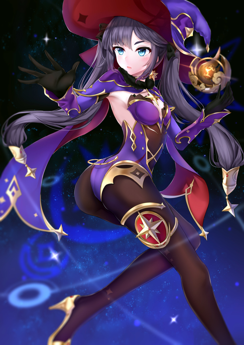 1girl, absurdres, aqua_eyes, armpits, ass, black_legwear, breasts, cape