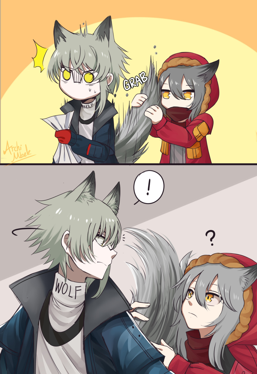 !, 1boy, 1girl, absurdres, animal_ears, aosta_(arknights), archimbek, arknights