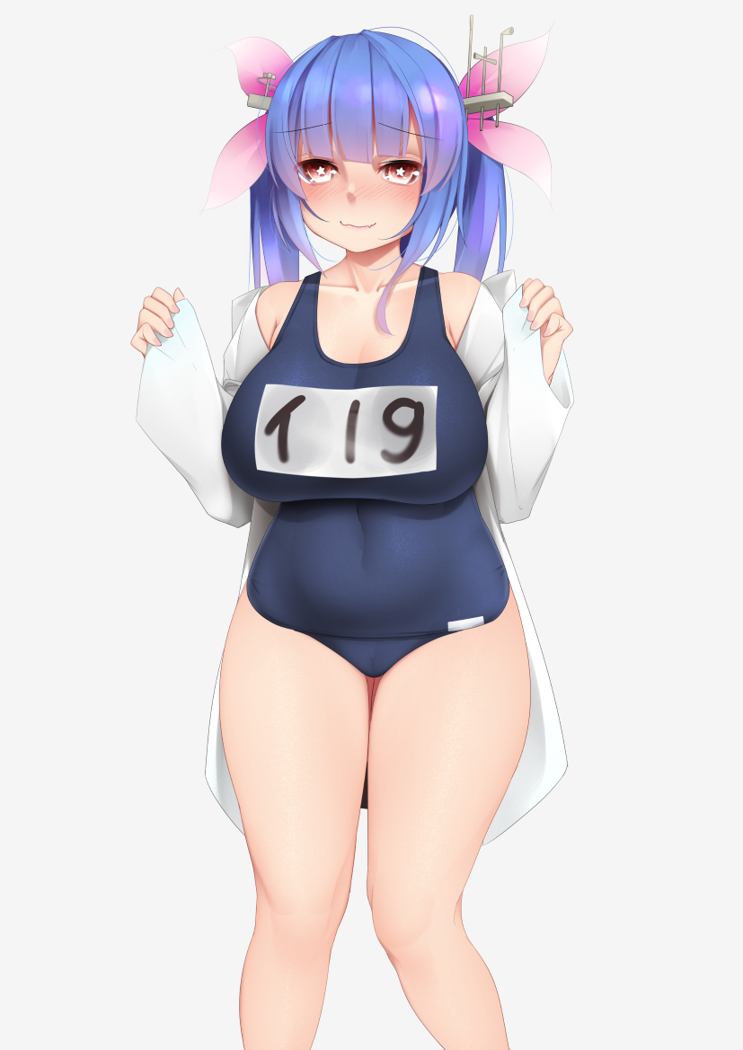 1girl, blue_hair, blush, breasts, brown_eyes, commentary, eyebrows_visible_through_hair, fang