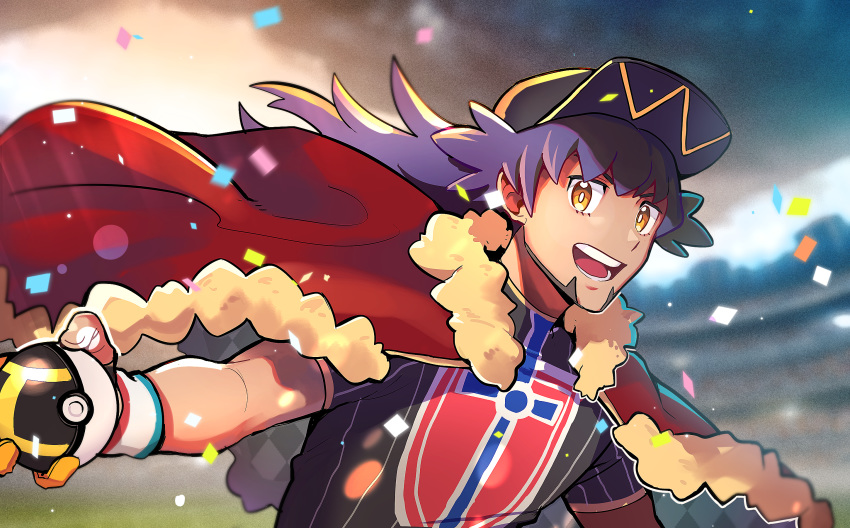 1boy, bangs, baseball_cap, cape, chizu_(cheese), commentary, confetti, dynamax_band