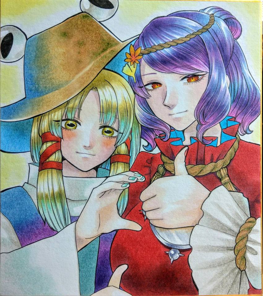 2girls, autumn_leaves, bangs, blonde_hair, blush, breasts, commentary_request, dress