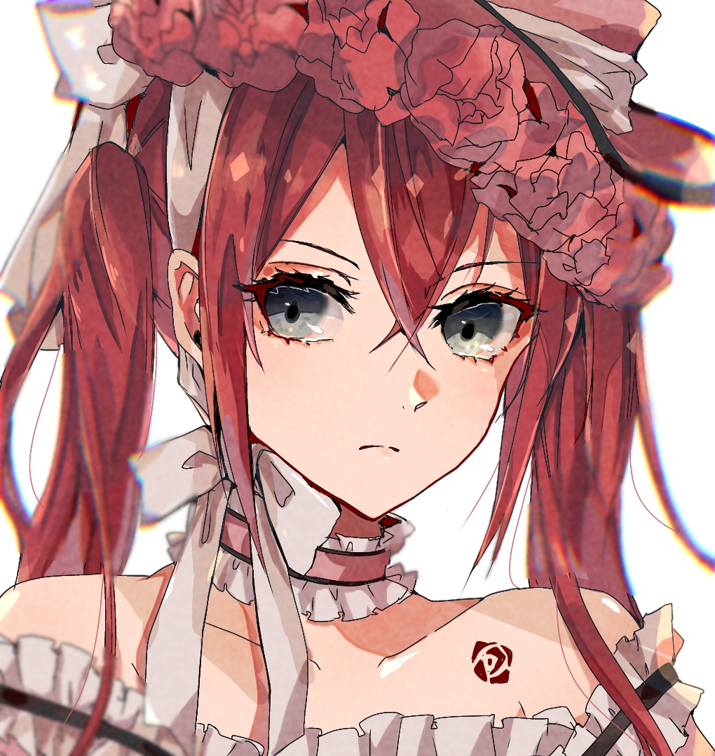 1boy, blurry, choker, chromatic_aberration, ciel_phantomhive, ciel_phantomhive_(cosplay), collarbone, cosplay, crossdressinging, expressionless, eyeliner, formal, frilled_choker, frills, grey_eyes, hat, hat_ribbon, makeup, portrait, redhead, ribbon, ribbon_choker, riddle_rosehearts, solo, strapless, tooka_(wakanda), twintails, twisted_wonderland
